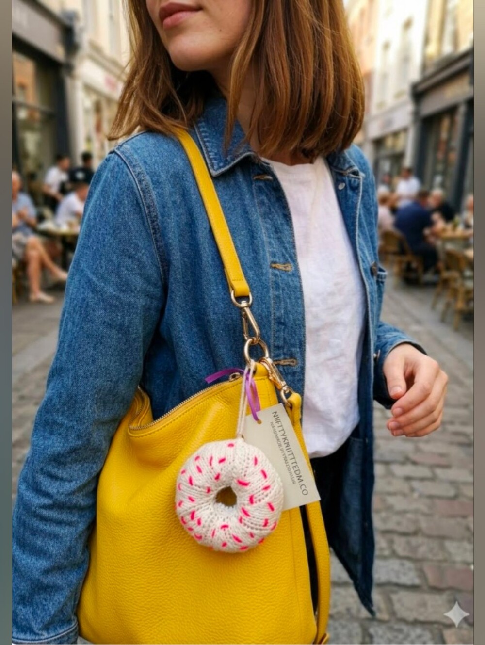 Handmade Knit Donut Bag Charm Tan White Icing Red Sprinkles #01